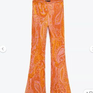 Zara Jacquard Paisley Orange Flare Pants Womens Medium Retro Festival Boho Pants